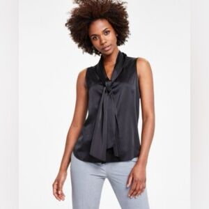 Spense Tie Neck Shawl Collar Sleeveless Satin Blouse Top sz Medium Dark Gray